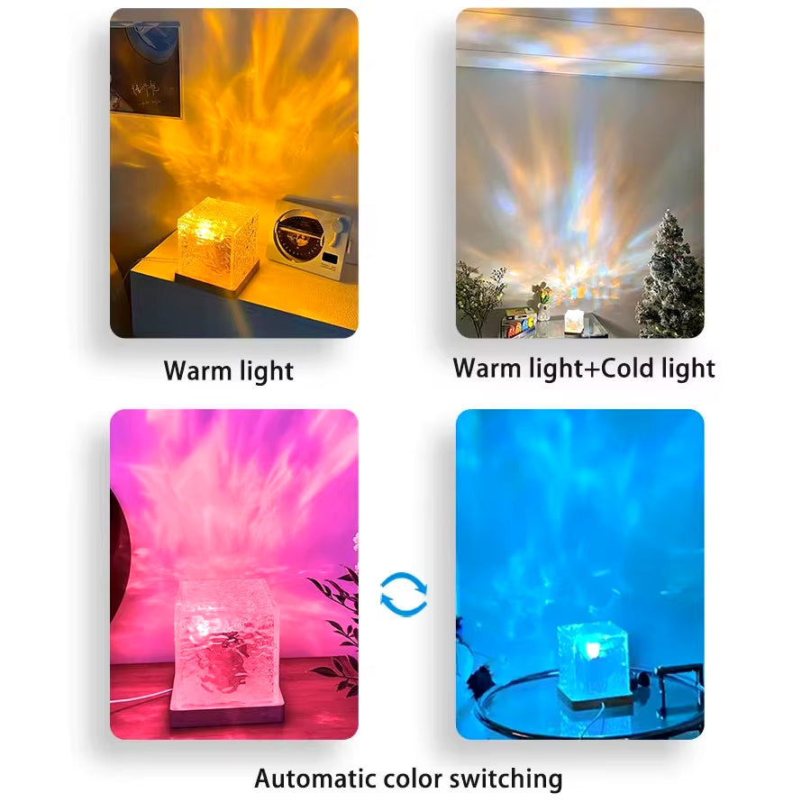 Dynamic Rotating Water Ripple Projector Night Light 16 Colors Flame Crystal Lamp for Living Room Study Bedroom Rotating Light